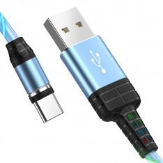 USB Кабель U90 Type-C, Hoco, Магнитный, с подсветкой, синий