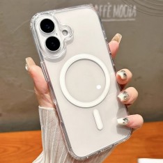 Для iPhone 16 чехол BuckSuiti с MagSafe, PC, прозрачный с белым