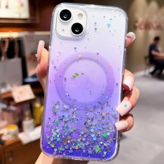 Для iPhone 15 чехол BuckSuiti прозрачный с фиолетовыми блестками