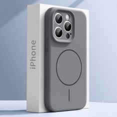 Чехол для iPhone 15, силиконовый серый, защита камеры, Magsafe