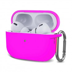 Чехол для AirPods Pro 2, силиконовый с карабином / шнурком, неоново-розовый