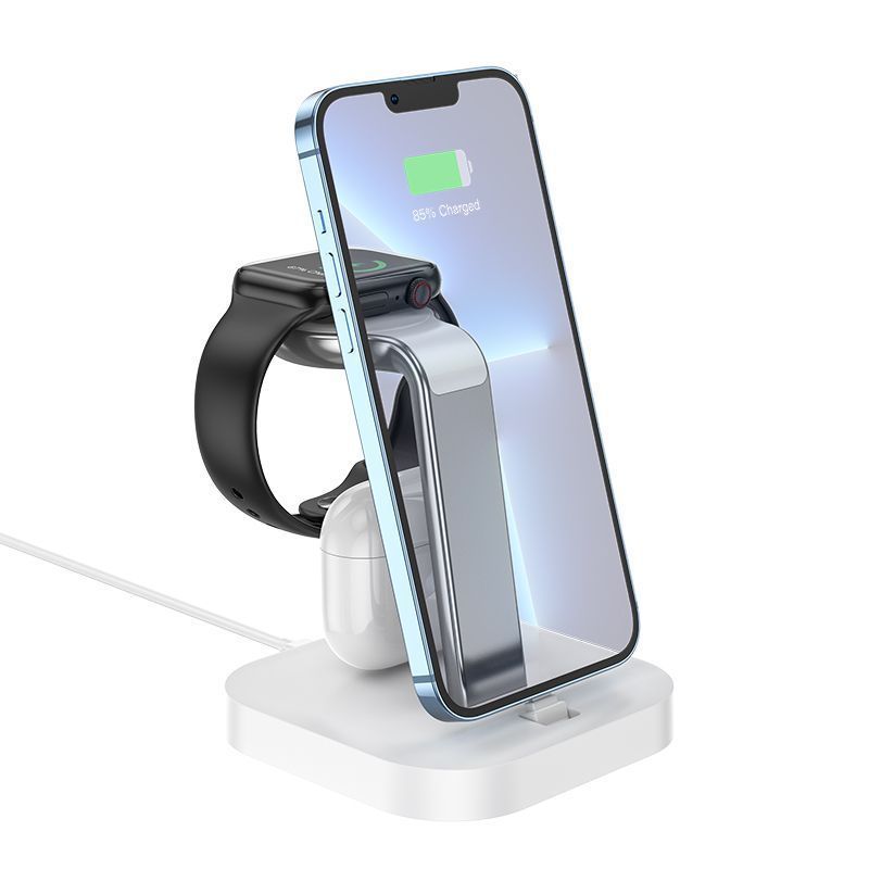Беспроводное сетевое зарядное / 3 в 1 / для iPhone, Apple Watch, AirPods / Hoco CW43, белый Беспроводное сетевое зарядное / 3 в 1 / для iPhone, Apple Watch, AirPods / Hoco CW43, белый