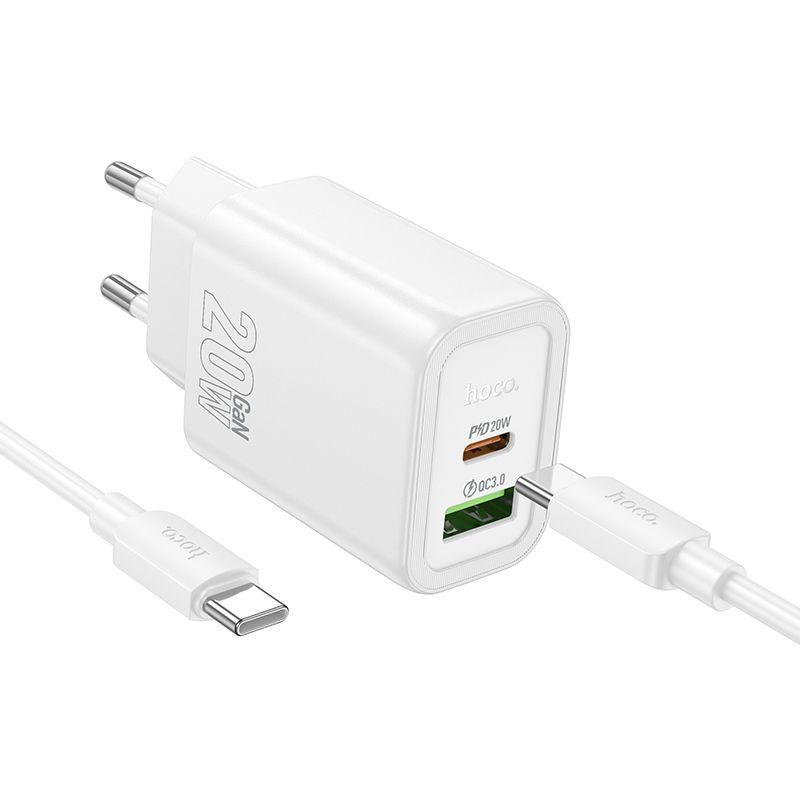 Сетевое зарядное Hoco N61 PD 20W + USB QC3.0, набор с кабелем Type-C - Type-C, белый