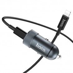 Быстрая автомобильная зарядка для iPhone с кабелем Type-C Hoco Z32B, серый