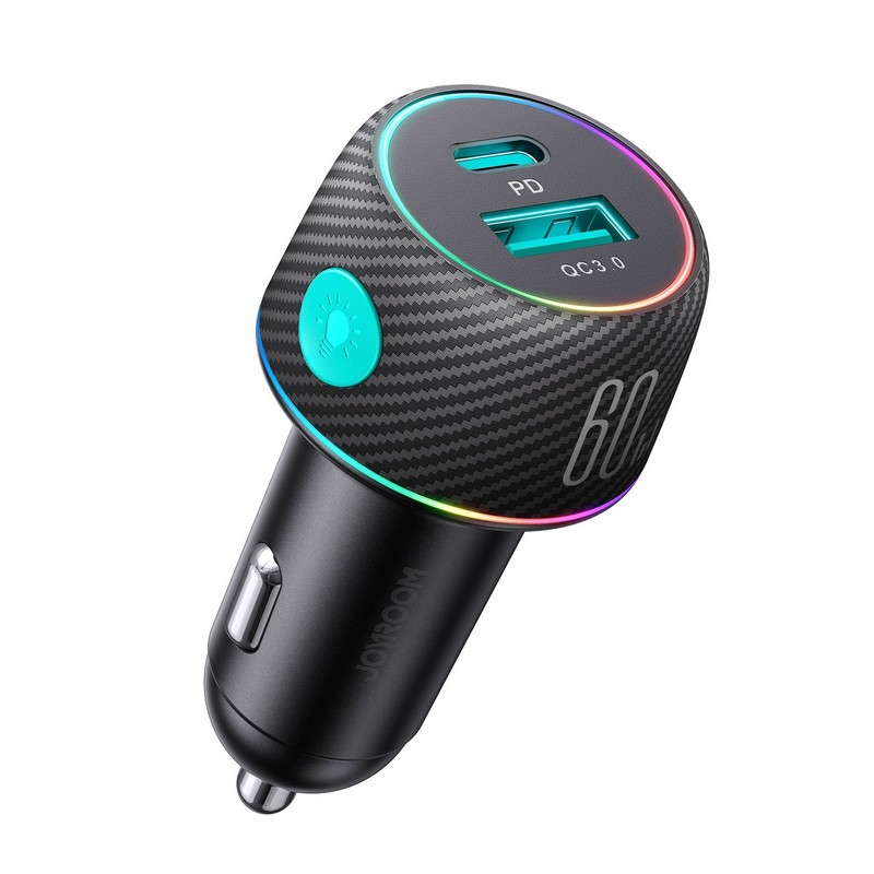 Быстрая зарядка в автомобиль / JoyRoom JR-CCN01 60W Multi-Color Car Charger with Light Button Быстрая зарядка в автомобиль / JoyRoom JR-CCN01 60W Multi-Color Car Charger with Light Button