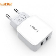 Зарядное устройство от сети с двумя USB выходами LDNIO A2202, ток 2,4A, белое